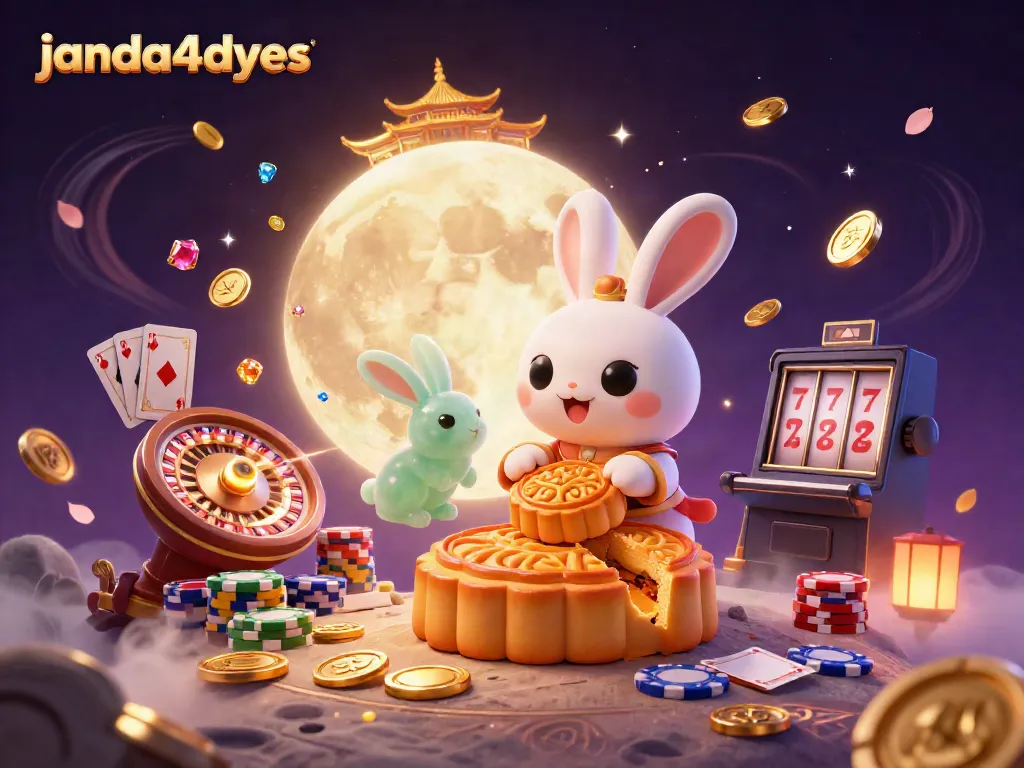 Gambar ilustrasi kasino janda4dyes dengan kelinci bulan dan elemen permainan yang memukau.