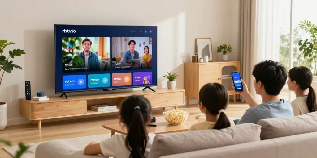Family enjoying entertainment on smart TV via rbtv.io app in a cozy living room.