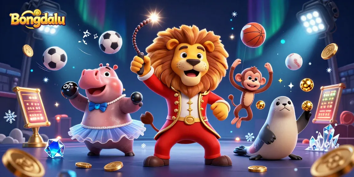 Bongdalu showcases a vibrant scene with circus characters and dynamic sports elements, emphasizing interactive gameplay.