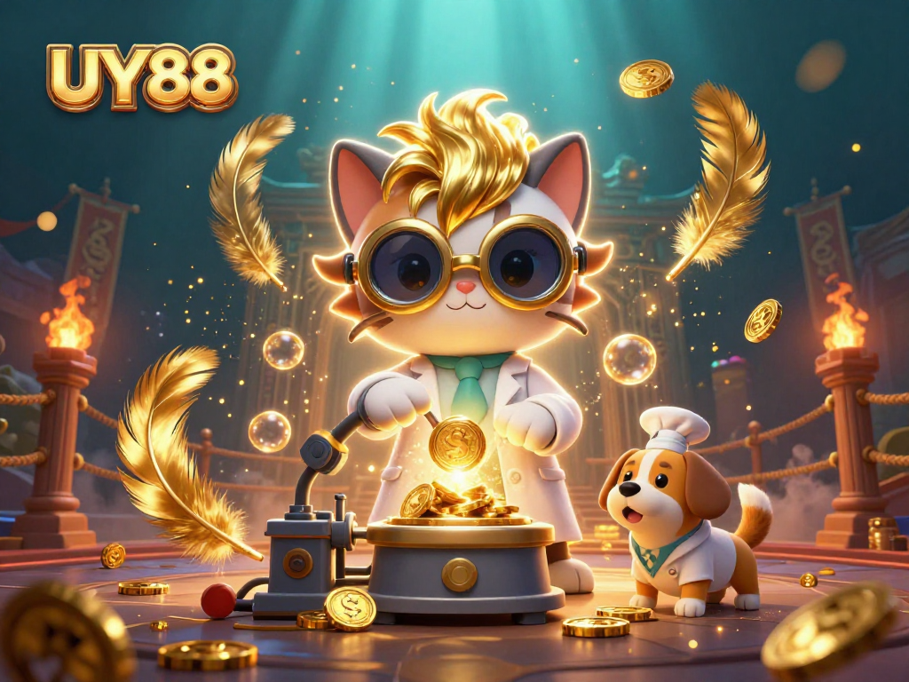 Experience UY88's thrilling casino adventures with a colorful mad scientist cat and dog duo in a vibrant digital world.