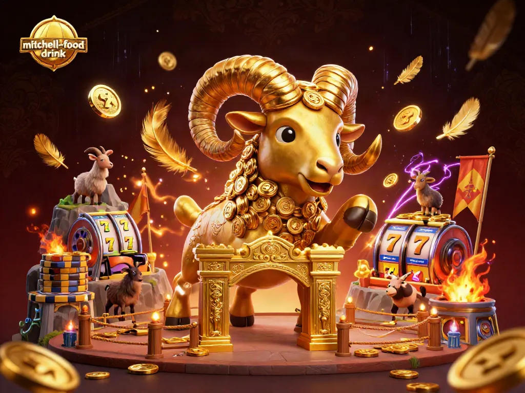 Engage in thrilling gameplay at mitchell-food-drink with a dynamic scene of golden ram charging amidst casino symbols.