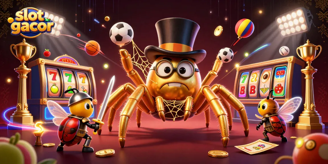 Slot gacor memperlihatkan tarantula emas dan ksatria kecil di kasino yang dihiasi simbol buah dan jackpot.