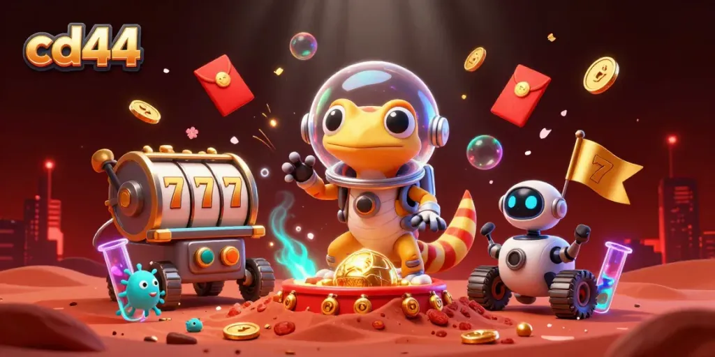 Engage with CD44’s exciting casino adventure featuring a Martian gecko uncovering a golden casino.