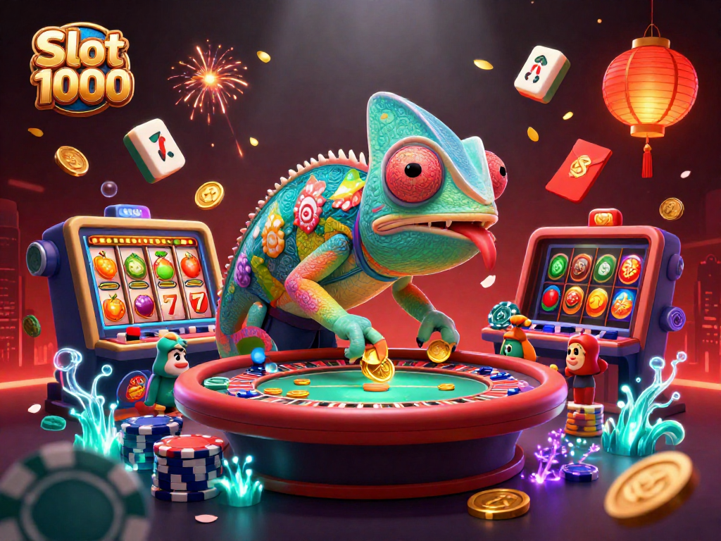Play Slot 1000 with vibrant casino elements and a colorful chameleon mascot.