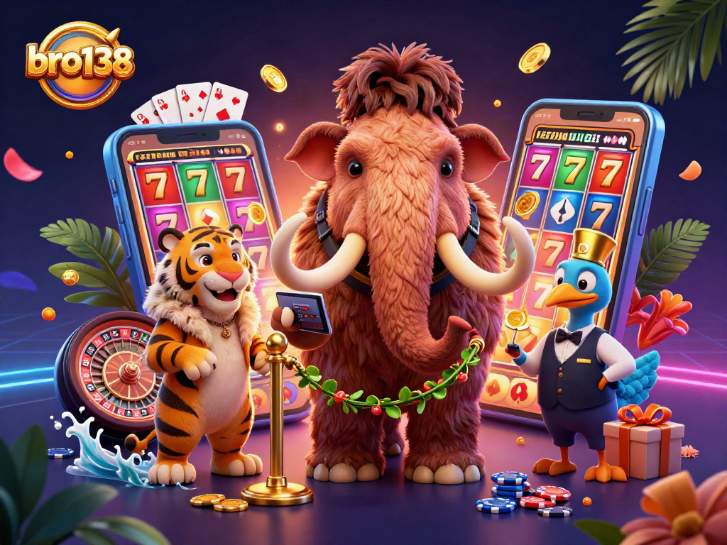 Experience thrilling gaming at bro138 with a vibrant scene showcasing a mammoth bouncer, VIP saber-tooth tiger, and playful slot elements.