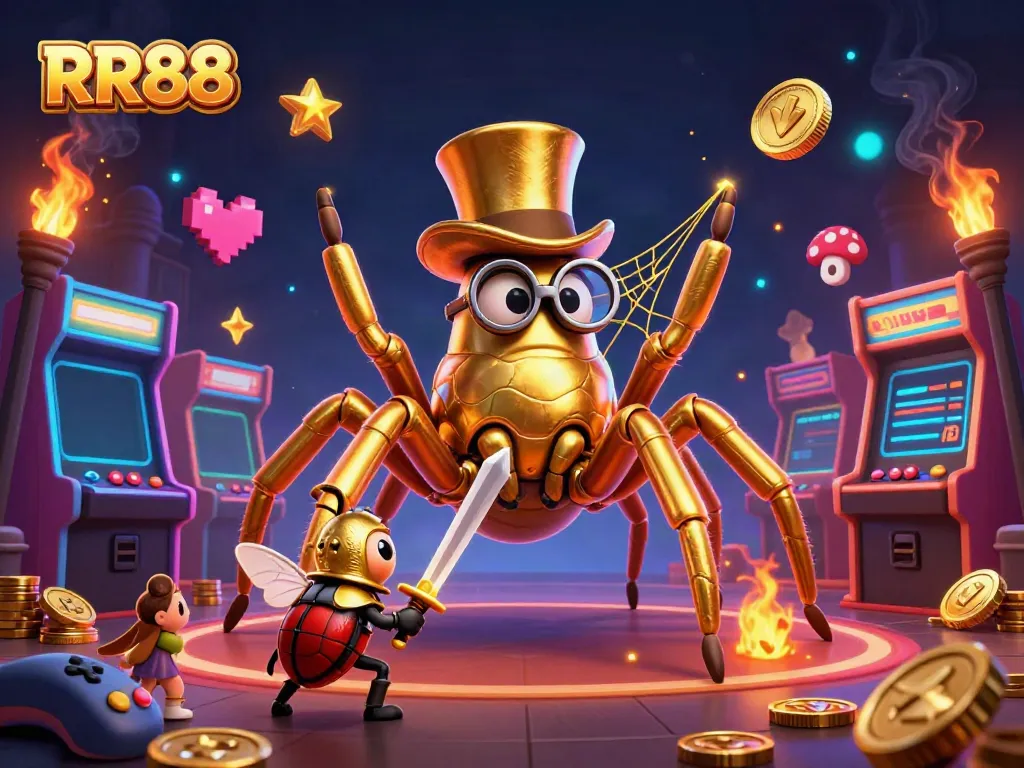 Engage with RR88 in a vibrant 3D casino world, featuring a golden tarantula and beetle knight.