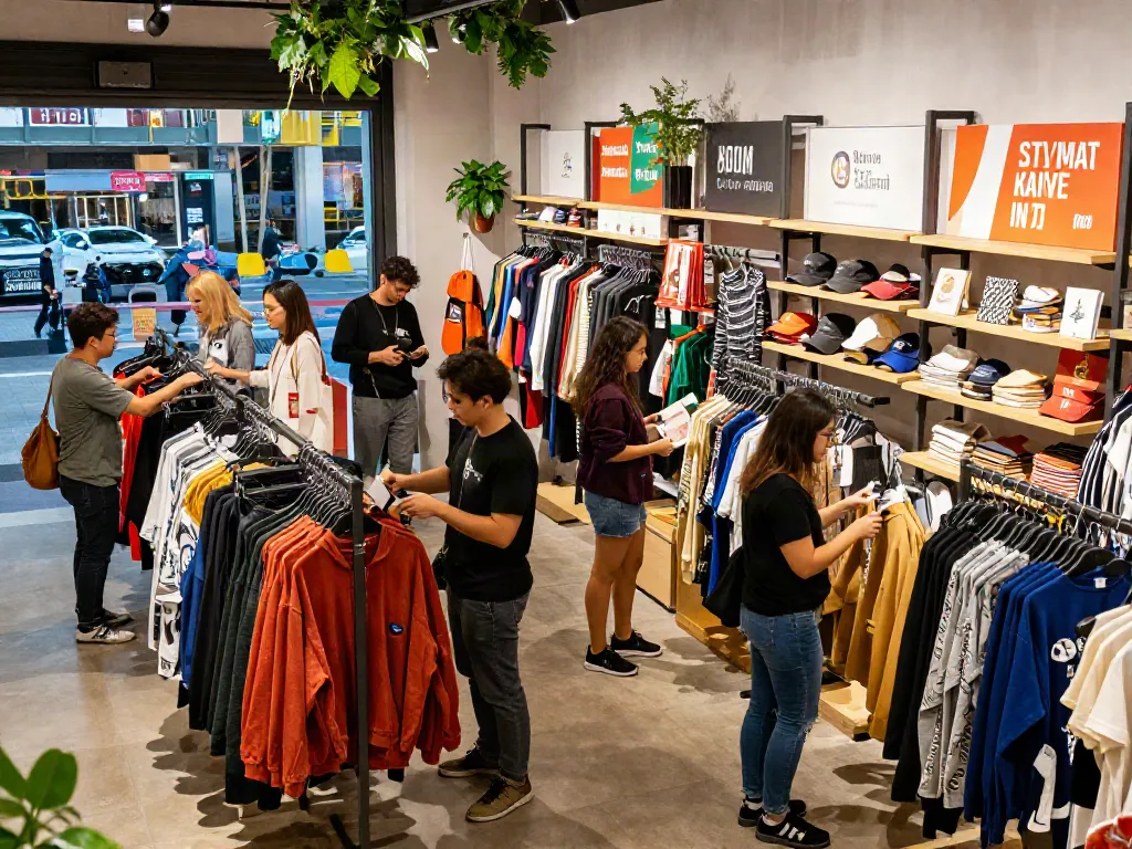 Shopping at rokok88 lifestyle store featuring trendy fashion and vibrant displays, lively atmosphere with diverse customers engaged in retail experience.
