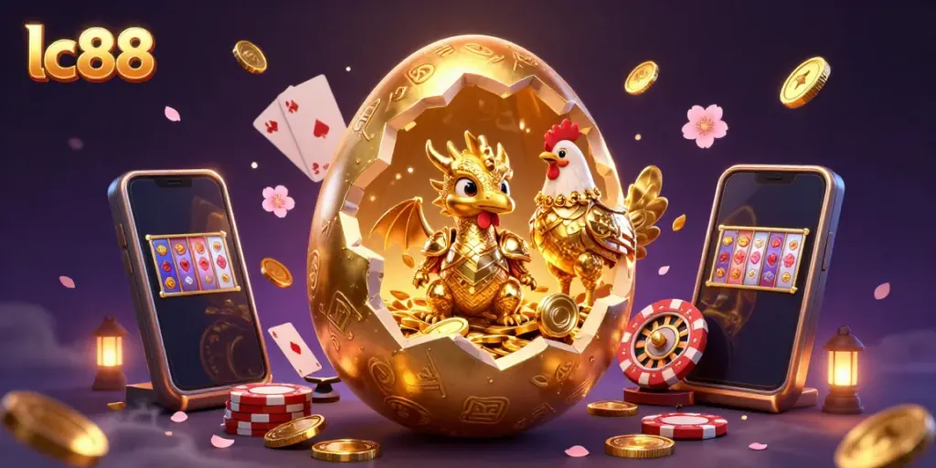 Engage with lc88's dynamic casino scene featuring a golden dragon, poker chips, and vibrant gaming elements.