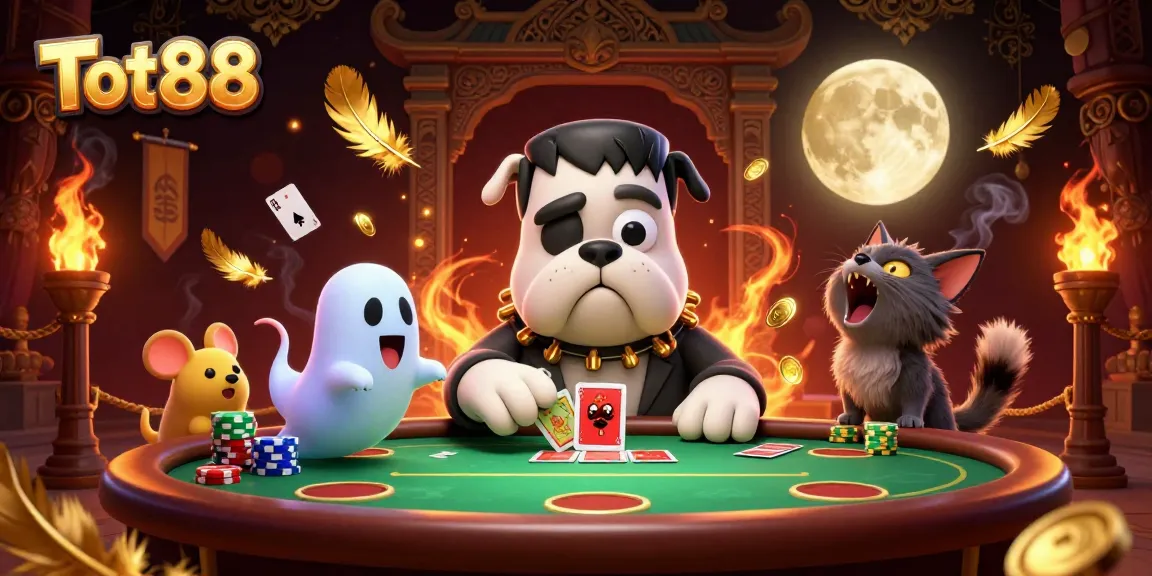 Tot88 casino illustration featuring a Frankenstein bulldog dealing cards at a haunted table.