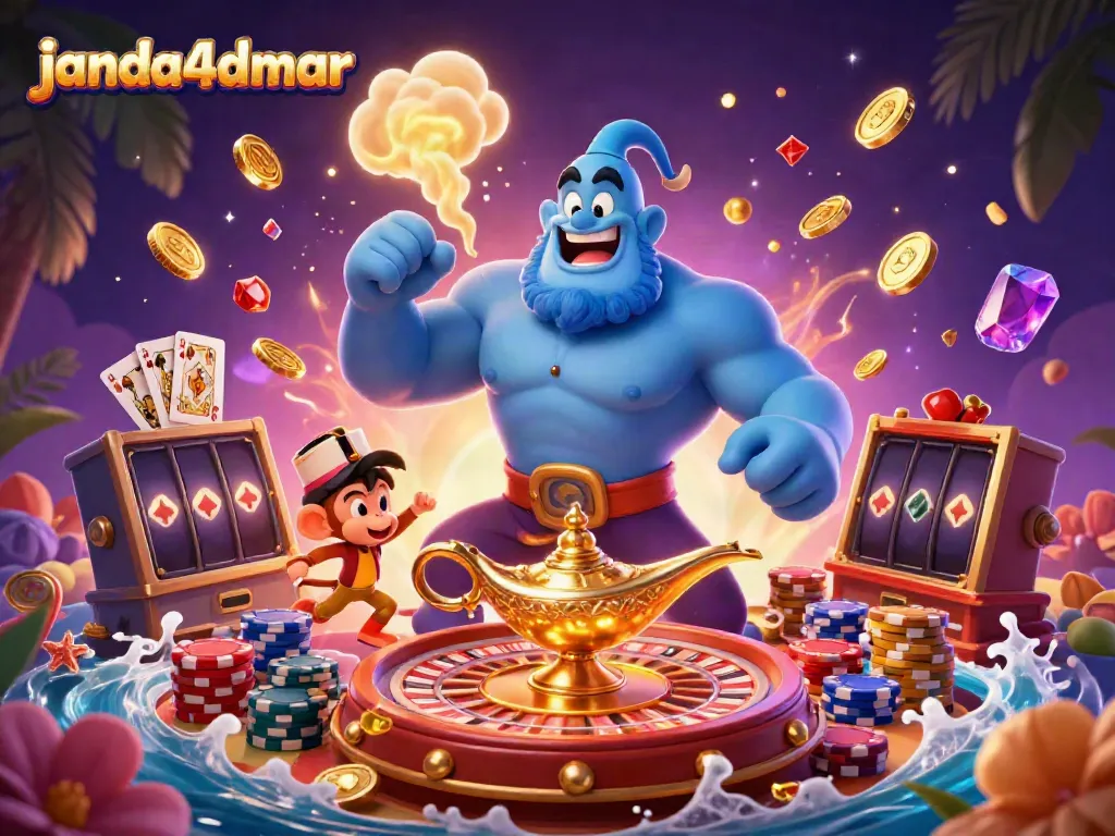 janda4dmar menampilkan ilustrasi kasino dengan genie, koin emas dan kartu permainan.