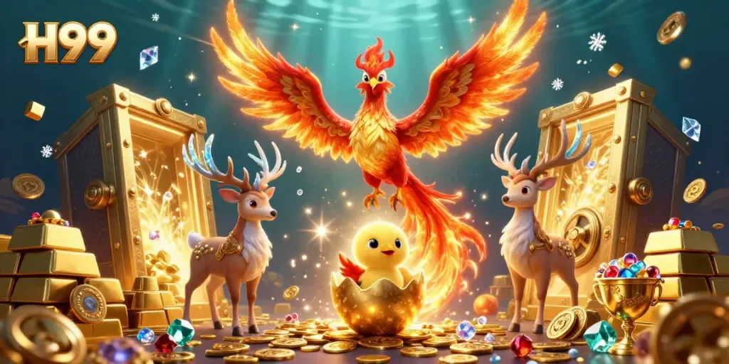 Win at H99 with a dynamic casino scene featuring vibrant characters, gold, and jewels.