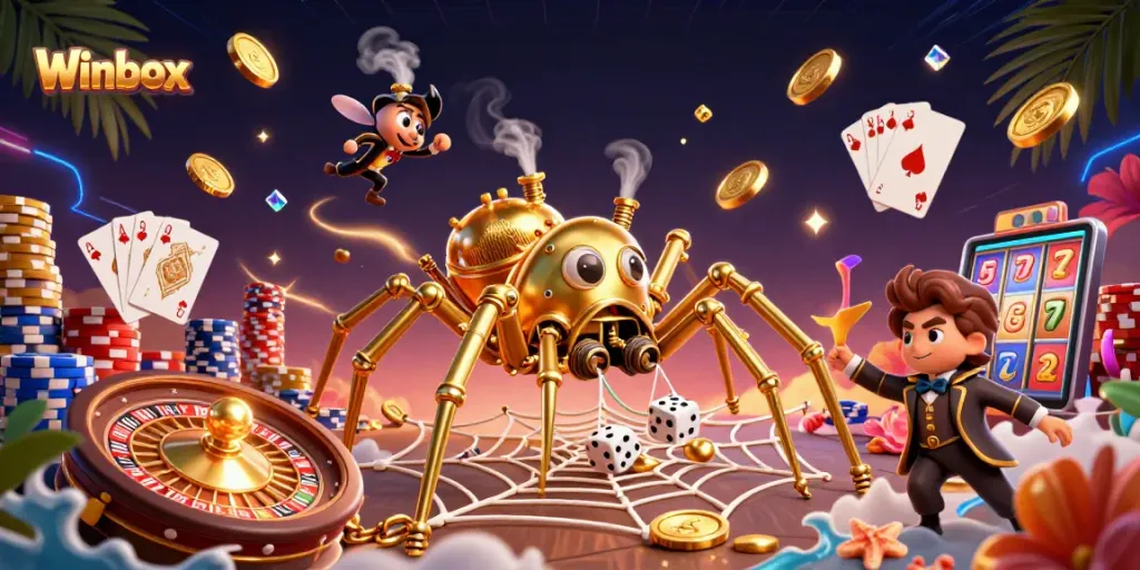 Engage with Winbox, featuring a whimsical steampunk spider amidst dazzling casino elements and playful characters.