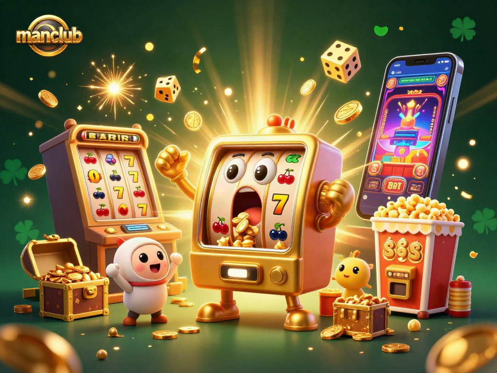 manclub's golden slot machine hits a jackpot, coins burst forth with cheering machines.