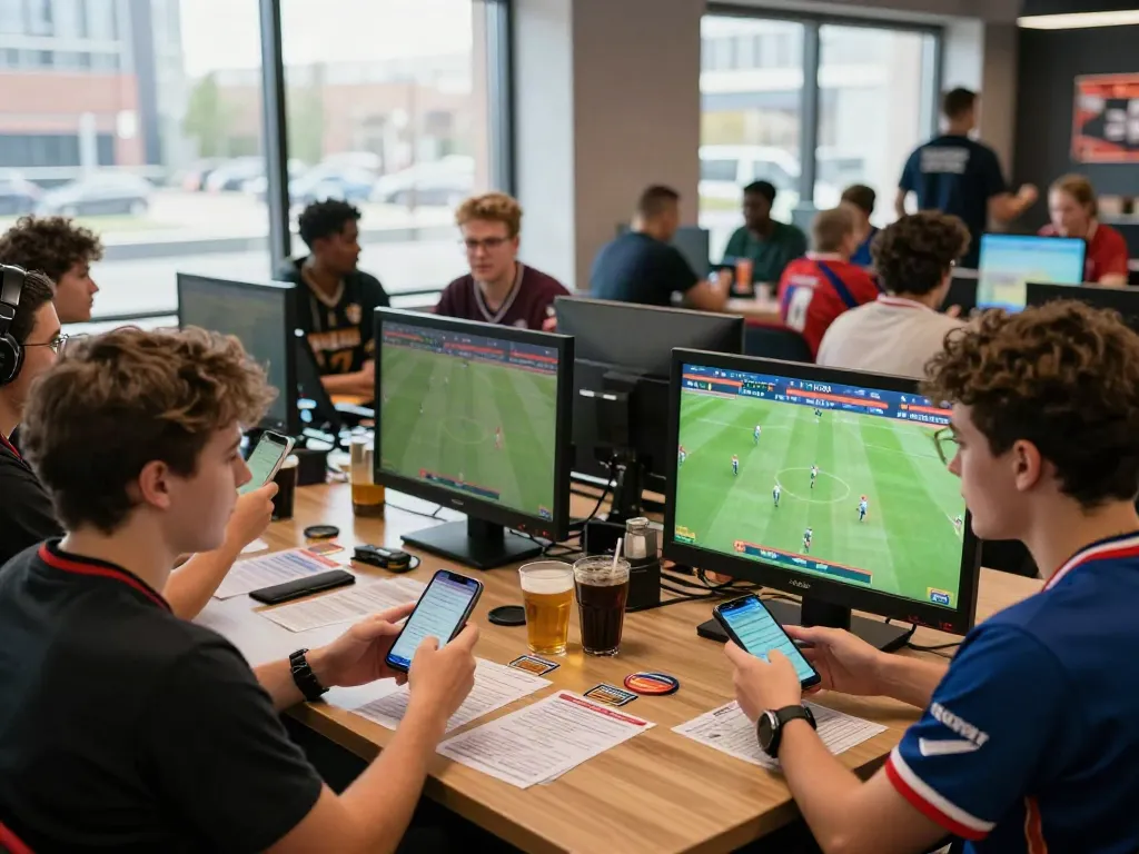 Group of young adults enjoying sports betting at a modern venue, showcasing Operatoriu Gidas atmosphere.