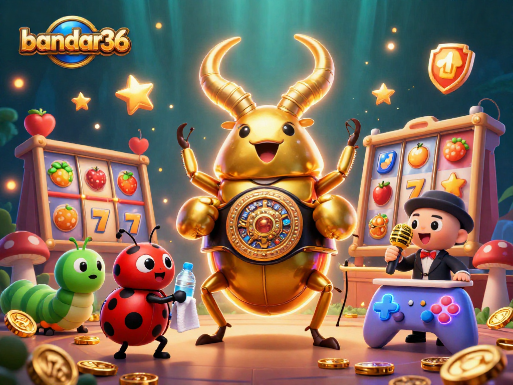 bandar36 merayakan jackpot dengan karakter kartun emas di kasino berpadu dengan elemen permainan slot.