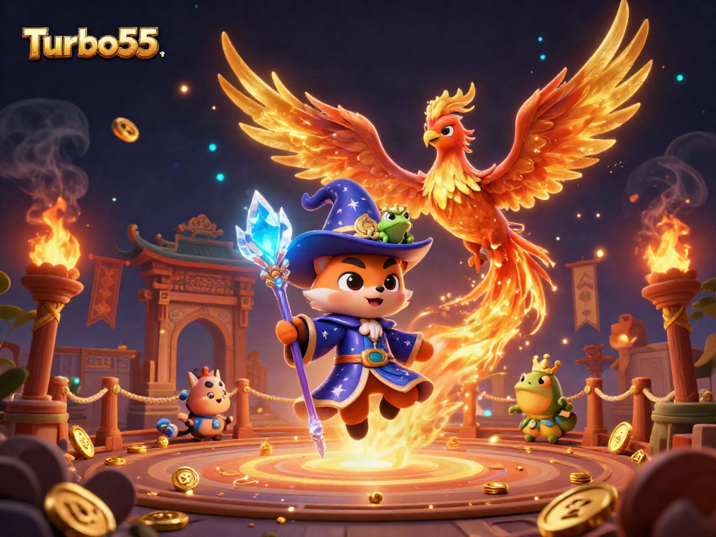 Turbo55 engages players with a vibrant 3D casino scene featuring magical characters and dynamic game elements.