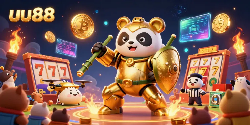Experience thrilling games at uu88 with an energetic 3D panda-robot fighting in a vibrant casino arena.