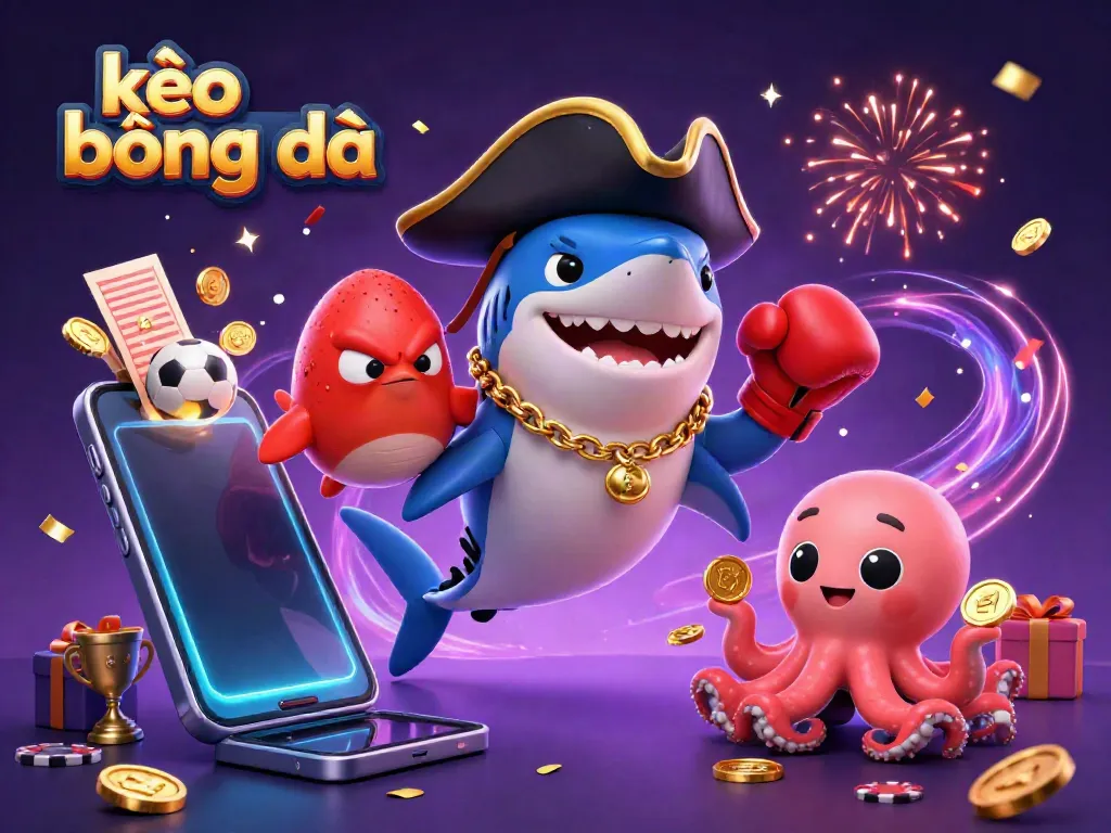 Experience the excitement of kèo bóng đá with a lively 3D illustration featuring a pirate shark, pufferfish, and octopus with sports betting elements and dynamic energy.