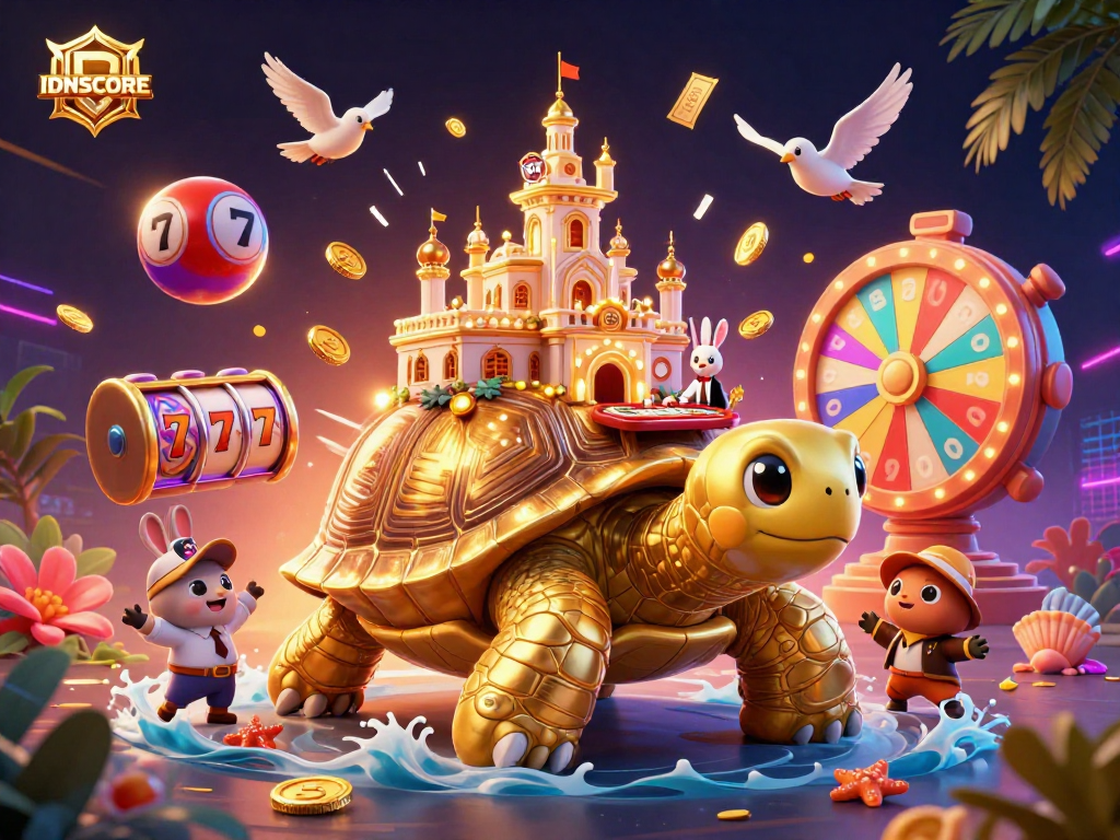 Experience thrilling gameplay with IDNSCORE, showcasing a vibrant 3D casino scene filled with golden tortoise and dynamic lottery elements.