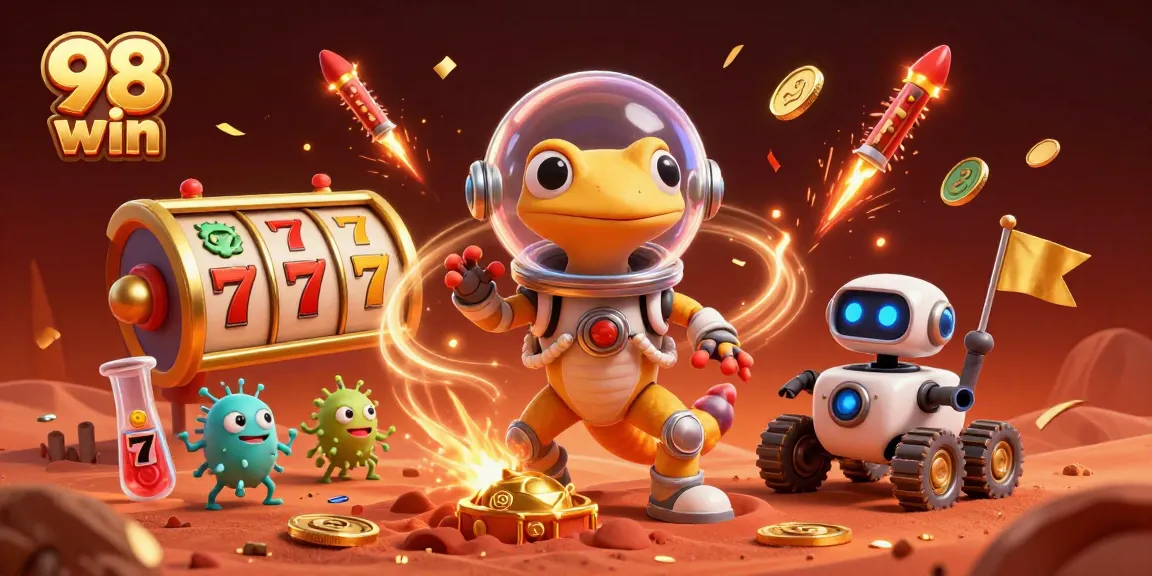 Engage with the 98 win casino experience illustrated by a Martian gecko discovering a golden casino.