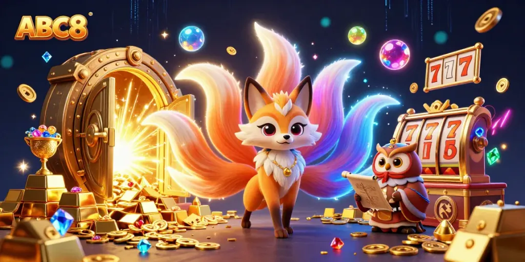 ABC8 thrilling casino adventure with a glowing fox spirit, treasures, and slot elements.
