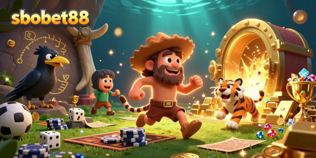 Sbobet88-themed dynamic betting scene with prehistoric characters engaging in an exciting casino environment.