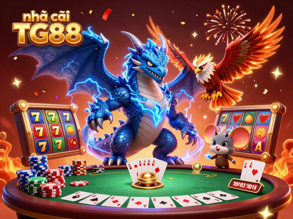 Engage with the vibrant action at nhà cái TG88 featuring dynamic thunder dragon, casino elements, and a celebratory atmosphere.