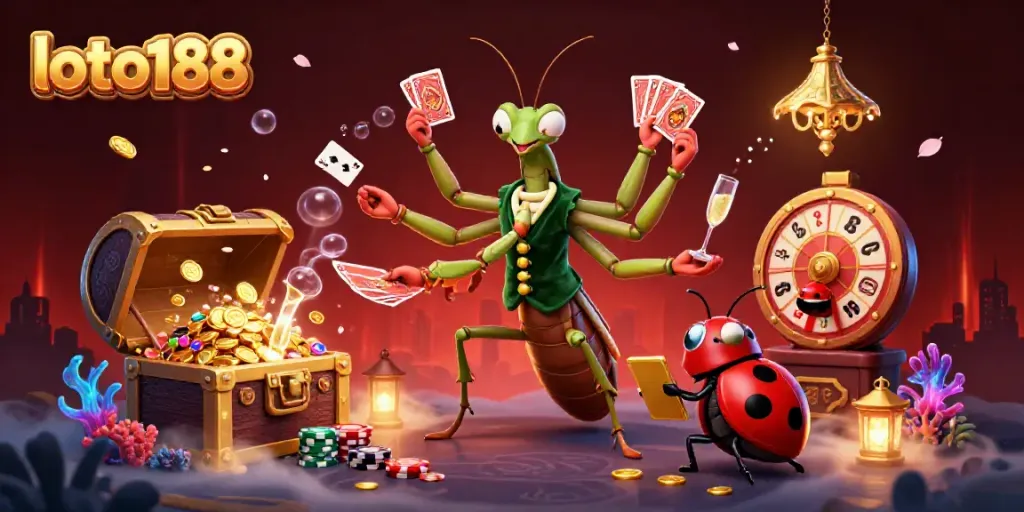 Experience the vibrant excitement of loto188 with a colorful 3D illustration of casino characters and elements.