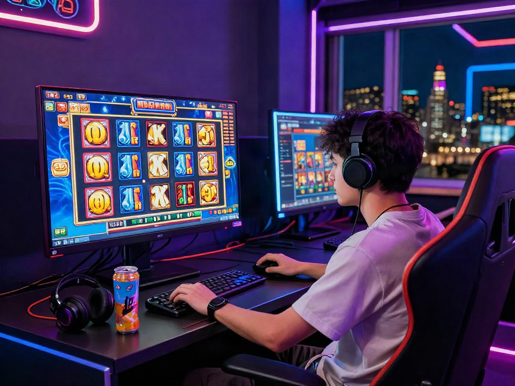 Player enjoying vibrant slot 10k game on desktop with thrilling graphics and LED lights.