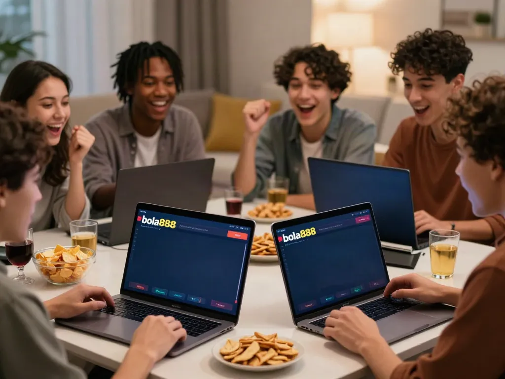 Keluarga bahagia bermain bola888 bersama di laptop di ruang tamu yang nyaman.