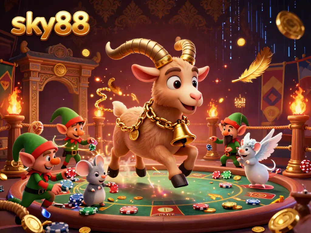 Experience thrilling gambling at sky88 with cartoon characters in a festive casino scene, showcasing excitement and action.