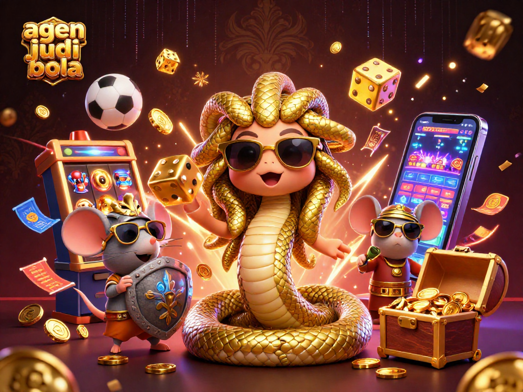 Betting on agen judi bola brings excitement, featuring Medusa and a warrior mouse amidst a jackpot scene.