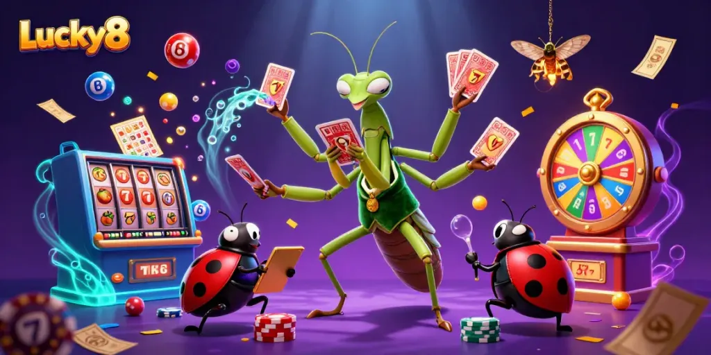 Experience the excitement at Lucky8 casino with a vibrant scene featuring a praying mantis card sharp and colorful game elements.