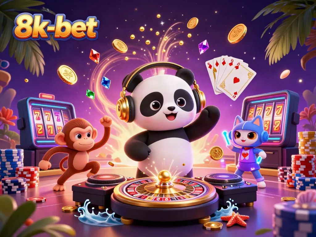 Experience thrilling gaming at 8k-bet with DJ panda and lively characters in a vibrant casino atmosphere.
