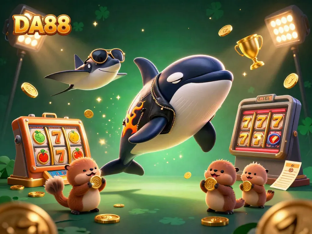 Engage with DA88 casino excitement featuring animated characters amidst vibrant slot reels and golden coins.