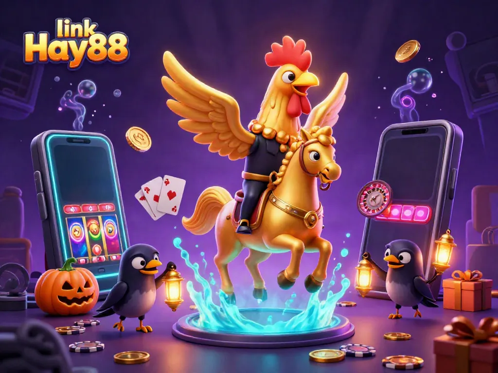 Spin the reels at link Hay88 with a glowing golden rooster and its companions in a magical casino scene.