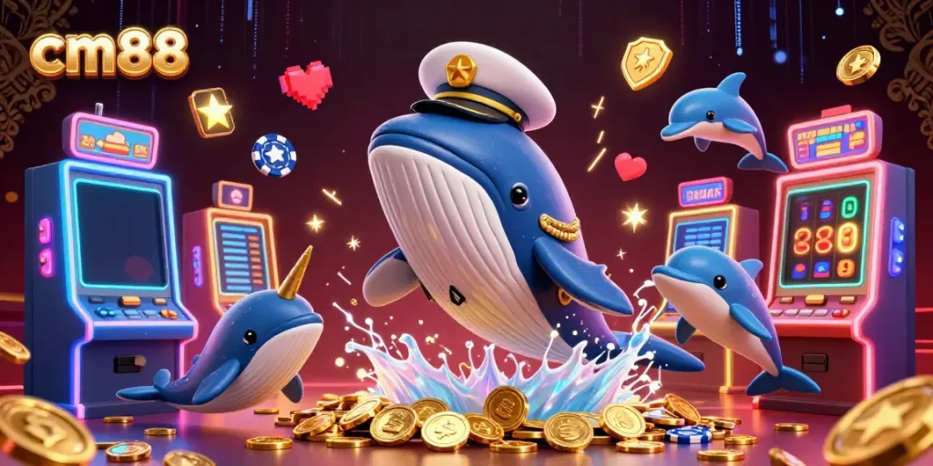 Experience the excitement of cm88 with a playful casino-themed illustration featuring a whale and colorful slot machines.