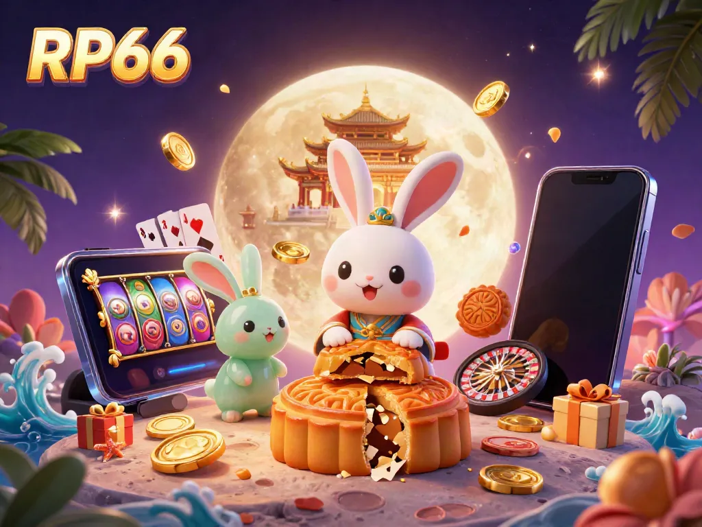 Experience the unique charm of RP66 as it combines a moon rabbit pounding mooncakes with vibrant casino elements
