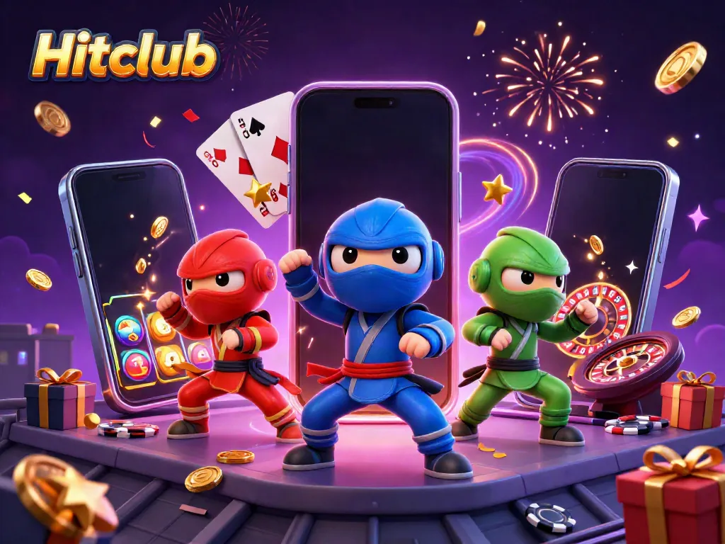 Experience thrilling gaming action at Hitclub featuring a colorful team of animated chameleons in a vibrant casino scene.