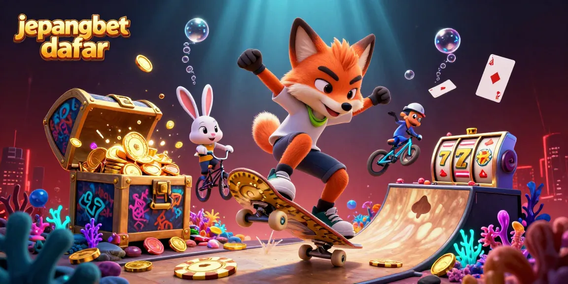 Engaging scene of jepangbet daftar, showcasing a skateboarder fox and BMX rabbit with casino elements.