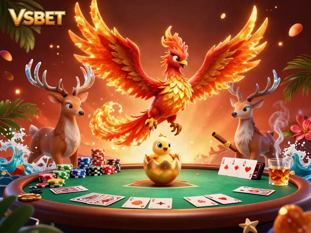 Chơi cá cược tại VSBET với hình ảnh 3D mô phỏng sự sinh sôi mạnh mẽ của một phượng hoàng và các yếu tố trò chơi poker.