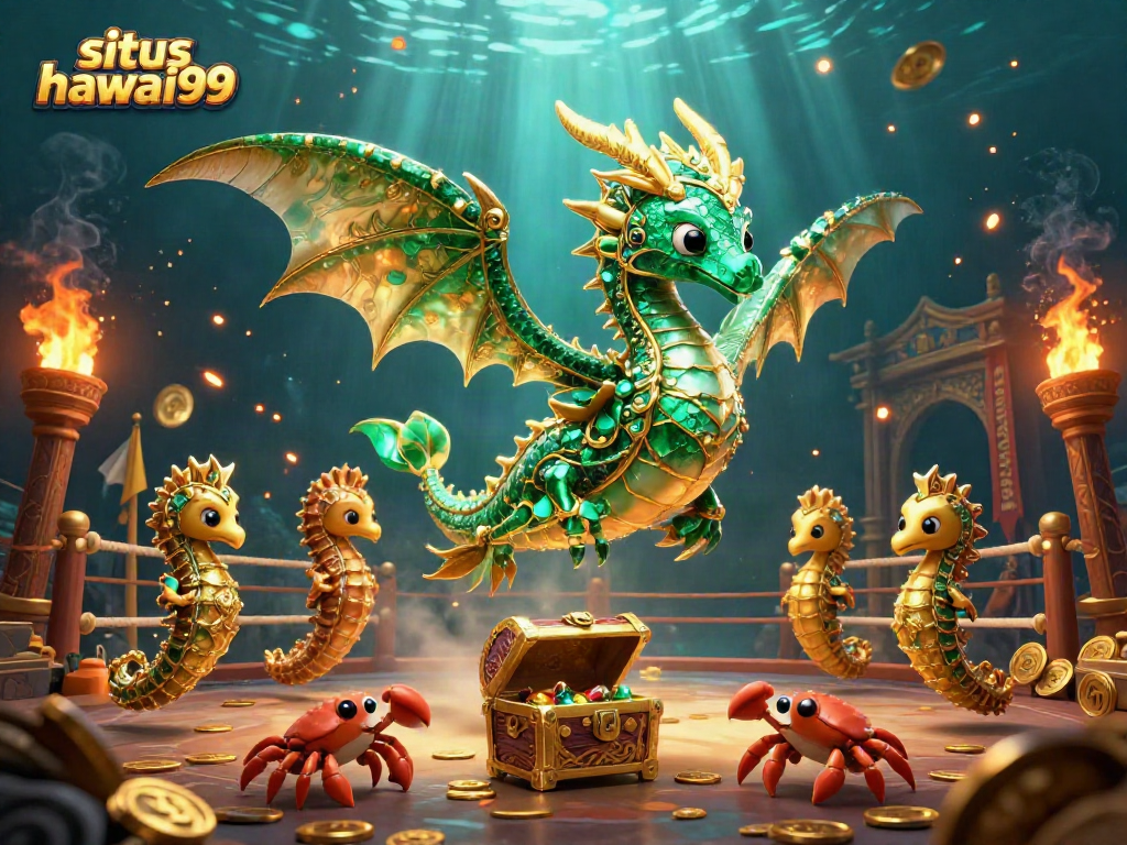Experience the thrill of situs hawai99 with a vibrant sea dragon illustration featuring gambling elements.