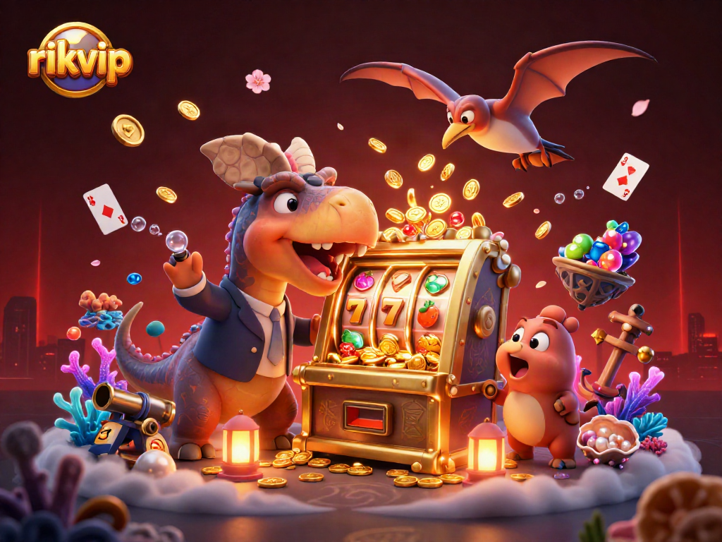 Experience thrilling wins at rikvip with a dinosaur headbutting a jackpot slot machine.