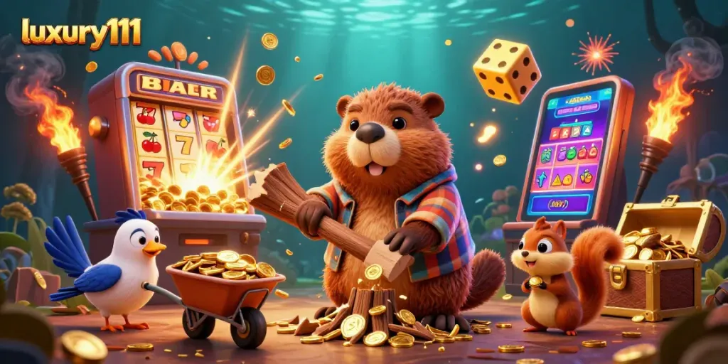 Play slots and win big with luxury111 in this vibrant, colorful casino scene.