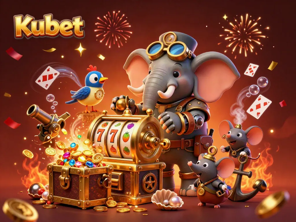 Kubet offers an exciting experience with a steampunk elephant at a golden slot machine in vibrant casino scenery.