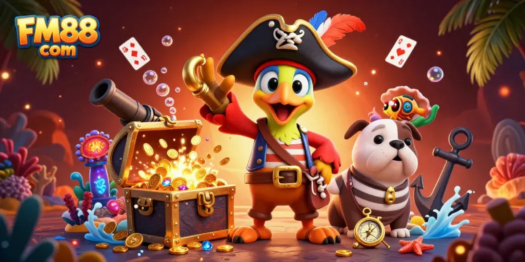 Engaging FM88 com scene with a pirate captain and bulldog, surrounded by treasure and casino elements, creating a festive atmosphere.
