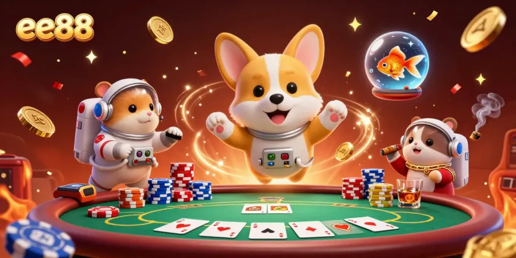 Experience the excitement of ee88 casino with a floating astronaut corgi in a vibrant cosmic casino scene.
