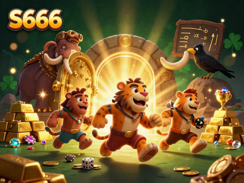 S666 features a 3D illustration of characters in a lively casino scene with treasures and dynamic elements.