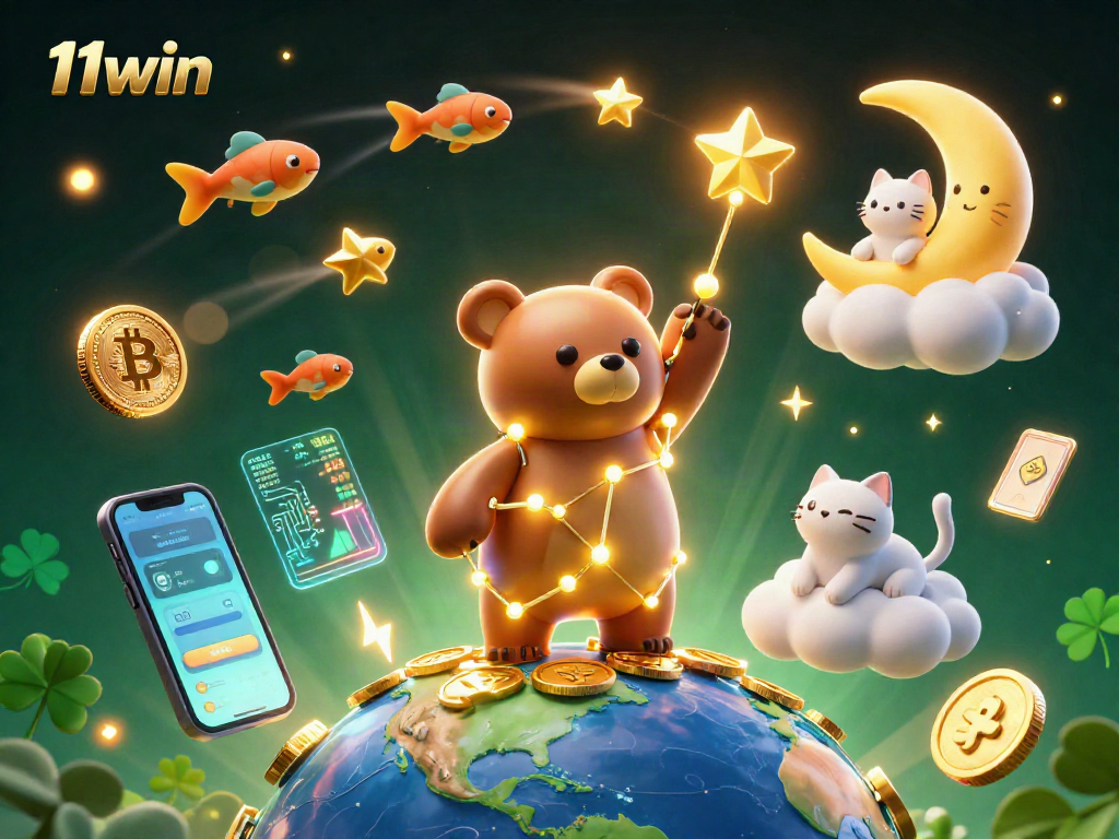 Join the adventure with 11win as the constellation bear scoops coins, showcasing vibrant crypto elements.