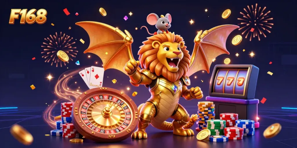 Win big with F168 in a vibrant online casino scene featuring a chimera creature, golden coins, and sparkling gems.
